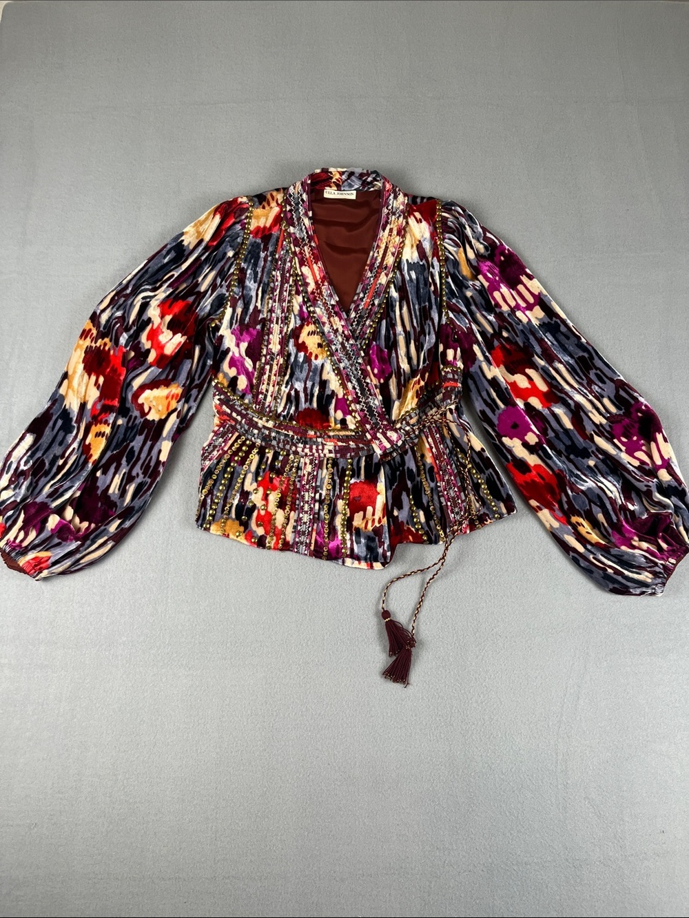 Ulla Johnson Multicolor Jupiter Embellished Velvet Wrap Blouse/Jacket
Size: 6